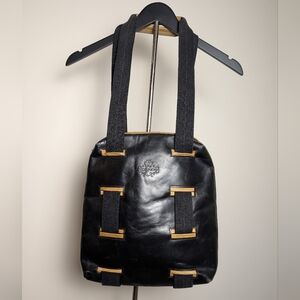 Frosinone Black Leather Laptop Shoulder Bag With Fabric Handles & Beige Accents